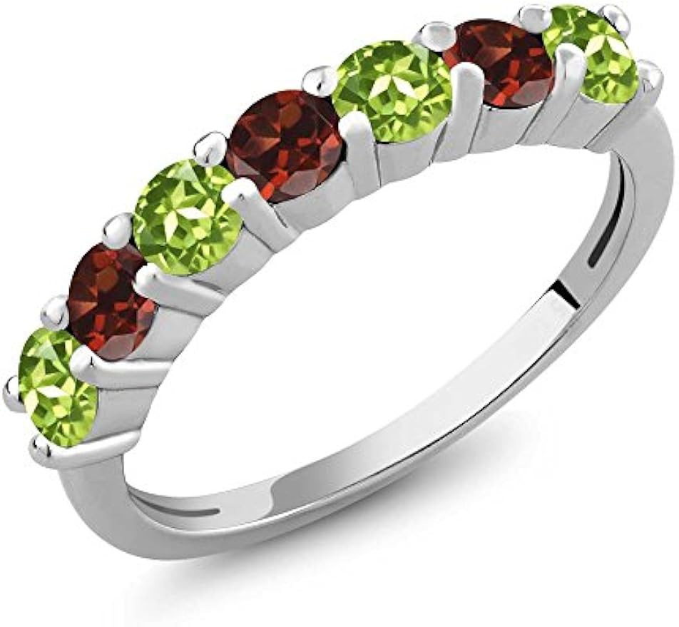 925 Sterling Silver Natural Green Peridot and Red Garnet Anniversary Ring For Women