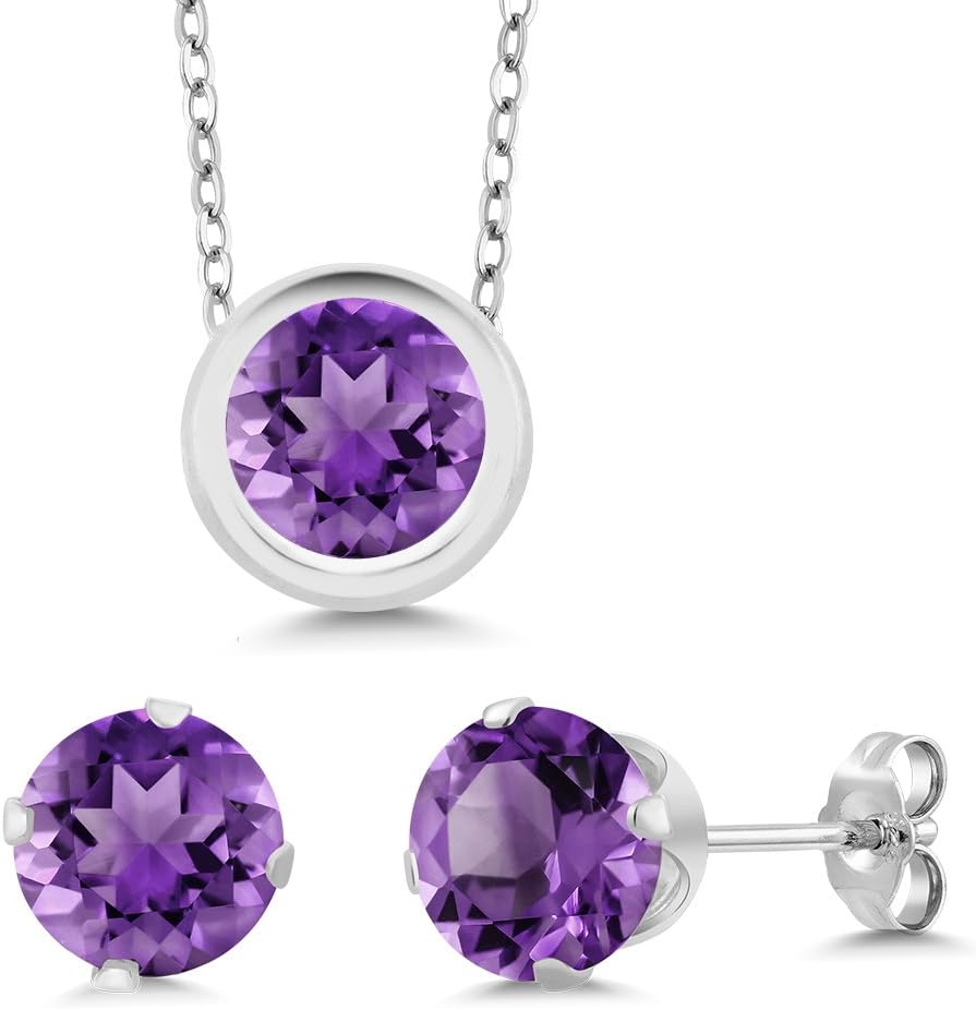 S925 Sterling Silver Round 6MM Gemstone Birthstone Pendant and Earrings Jewelry Set For Women with 18 Inch Silver Chain