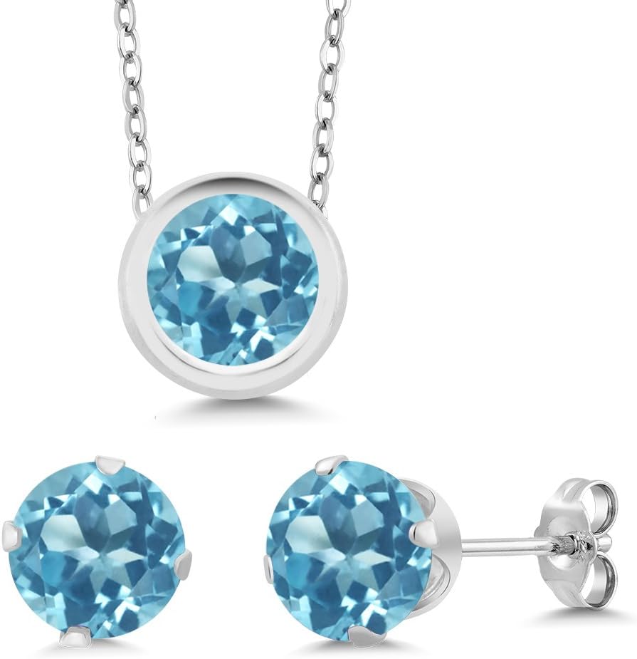 S925 Sterling Silver Round 6MM Gemstone Birthstone Pendant and Earrings Jewelry Set For Women with 18 Inch Silver Chain