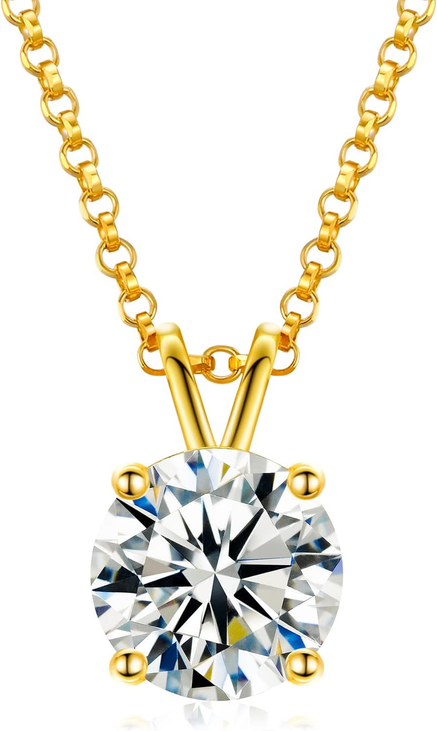 Moissanite Necklace for Women Round Cut Moissanite Pendant 18k Gold Plated Sterling Silver Necklace