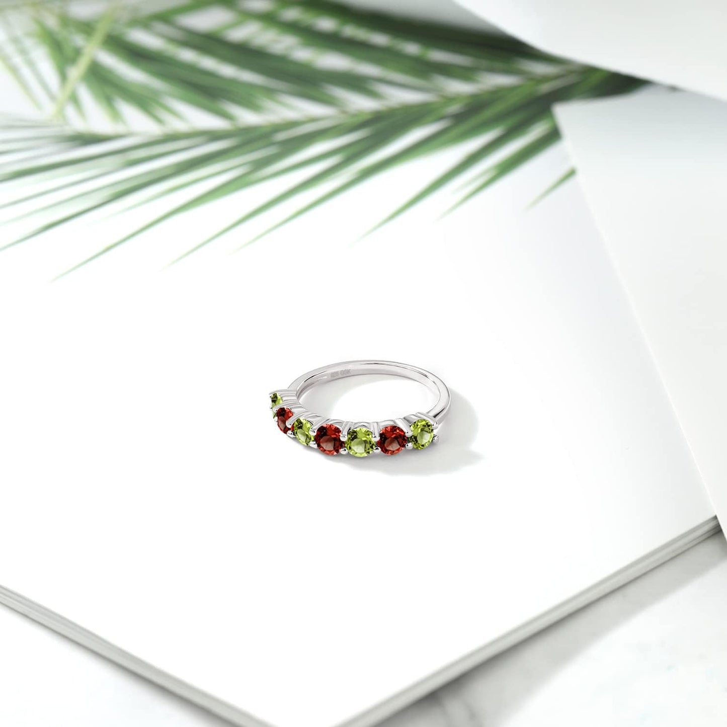 925 Sterling Silver Natural Green Peridot and Red Garnet Anniversary Ring For Women