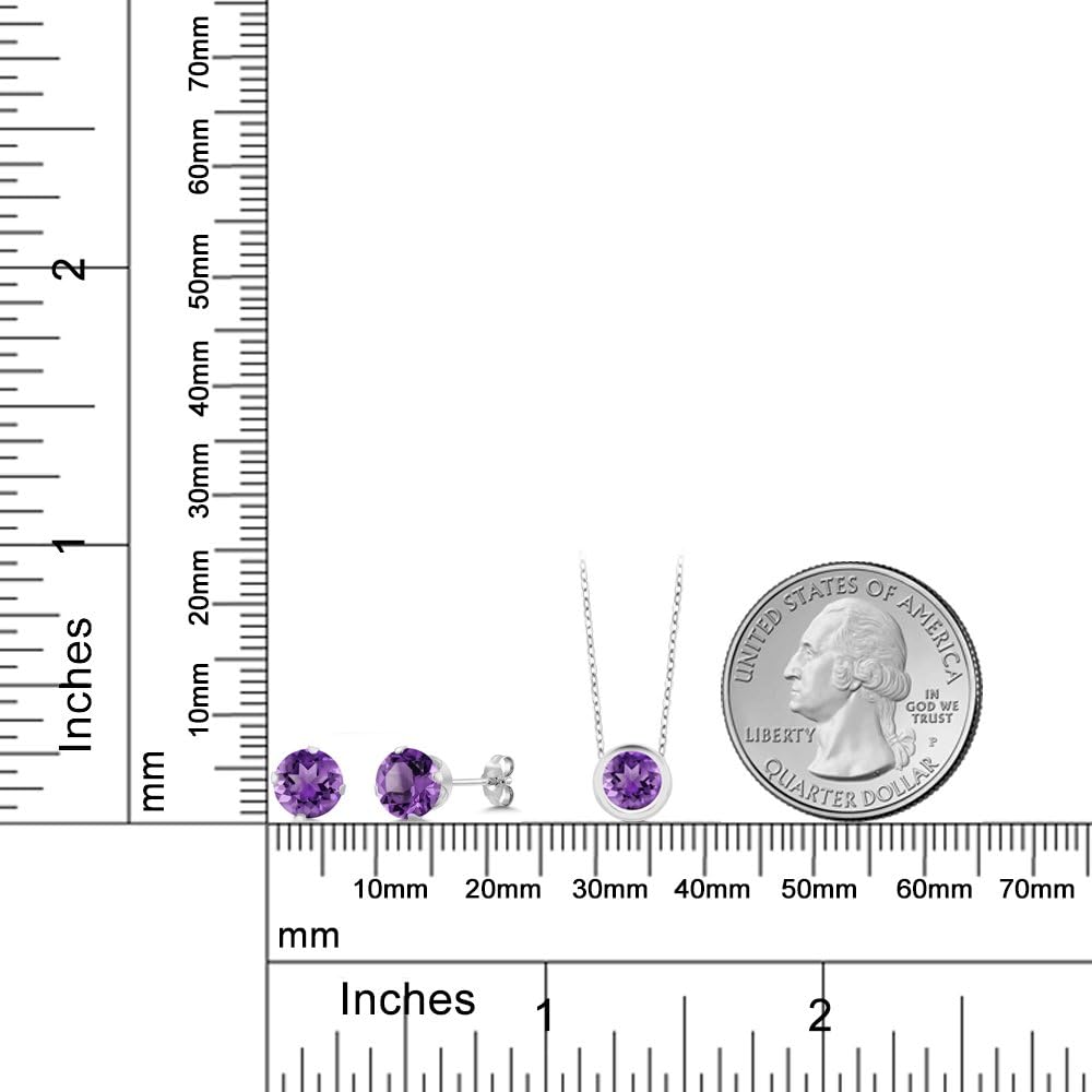 S925 Sterling Silver Round 6MM Gemstone Birthstone Pendant and Earrings Jewelry Set For Women with 18 Inch Silver Chain