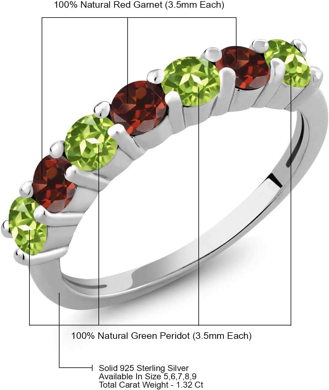 925 Sterling Silver Natural Green Peridot and Red Garnet Anniversary Ring For Women