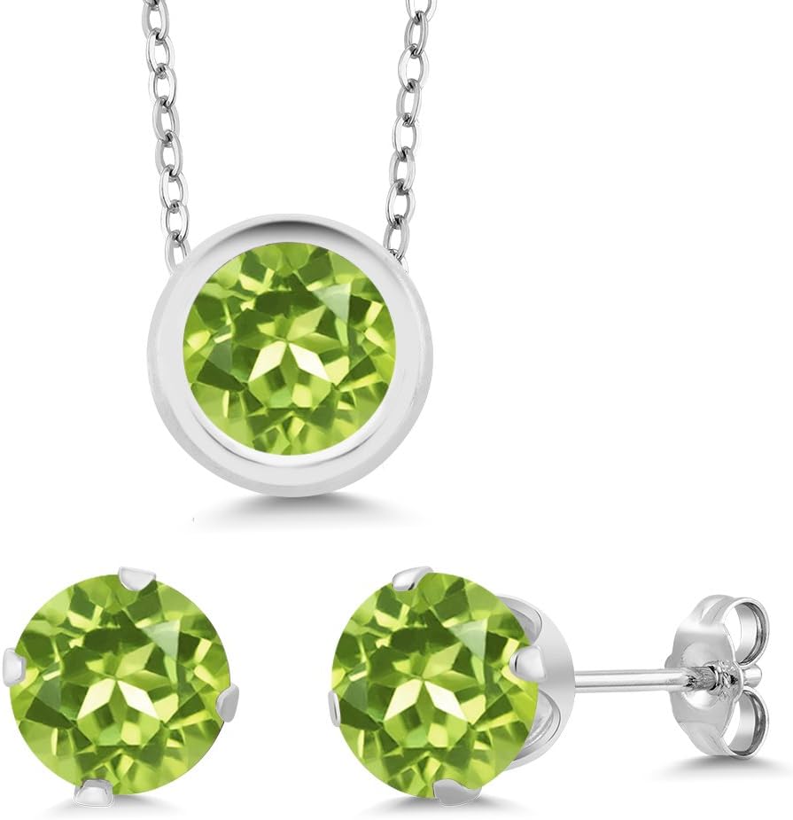 S925 Sterling Silver Round 6MM Gemstone Birthstone Pendant and Earrings Jewelry Set For Women with 18 Inch Silver Chain