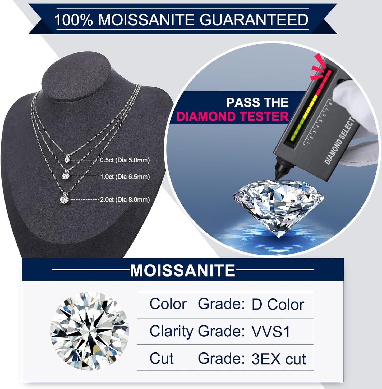 Moissanite Necklace for Women Round Cut Moissanite Pendant 18k Gold Plated Sterling Silver Necklace