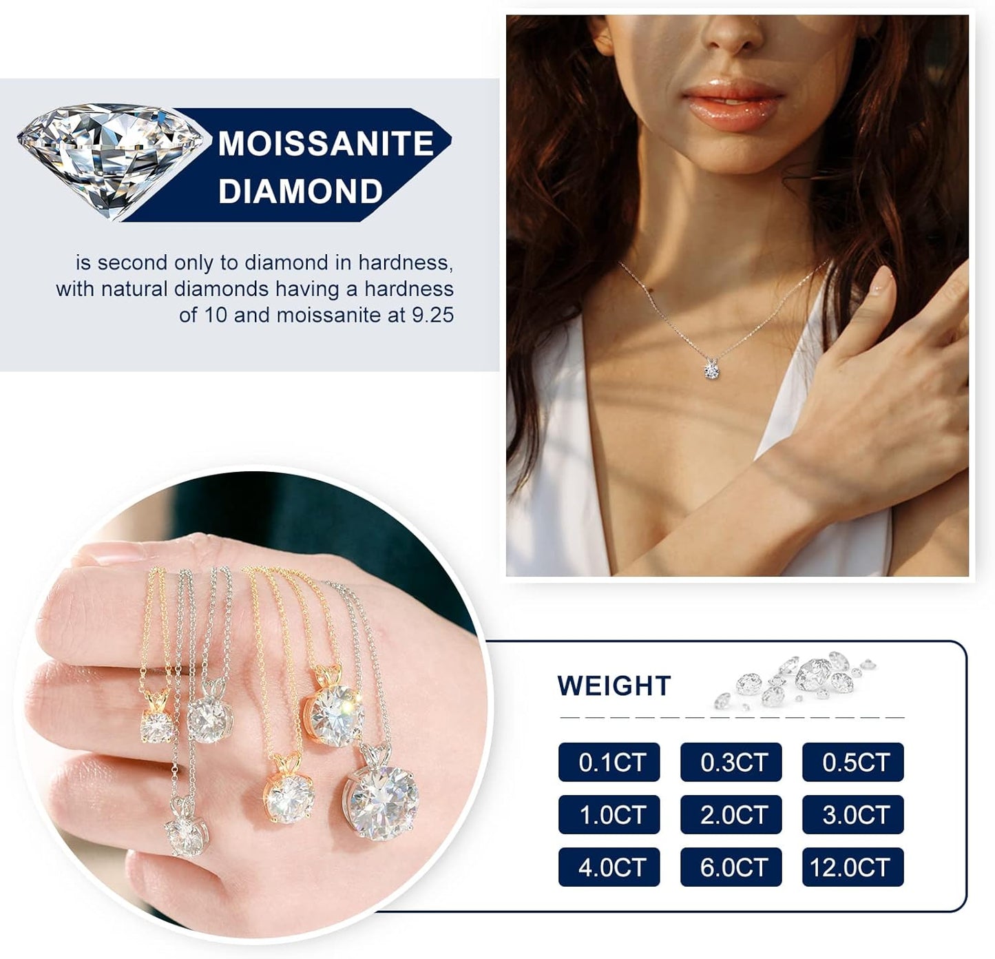 Moissanite Necklace for Women Round Cut Moissanite Pendant 18k Gold Plated Sterling Silver Necklace