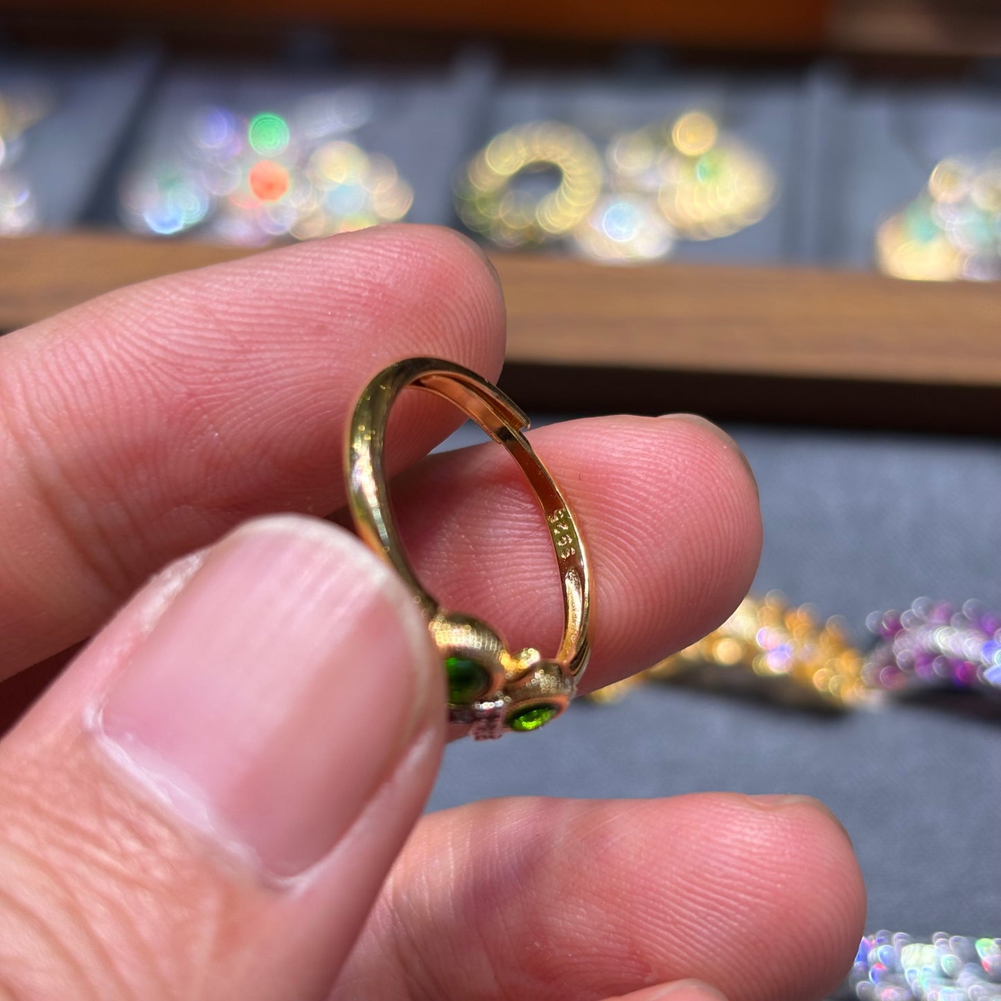 Custom-made Natural Diopside Sterling Silver Gold Plated Owl Ring