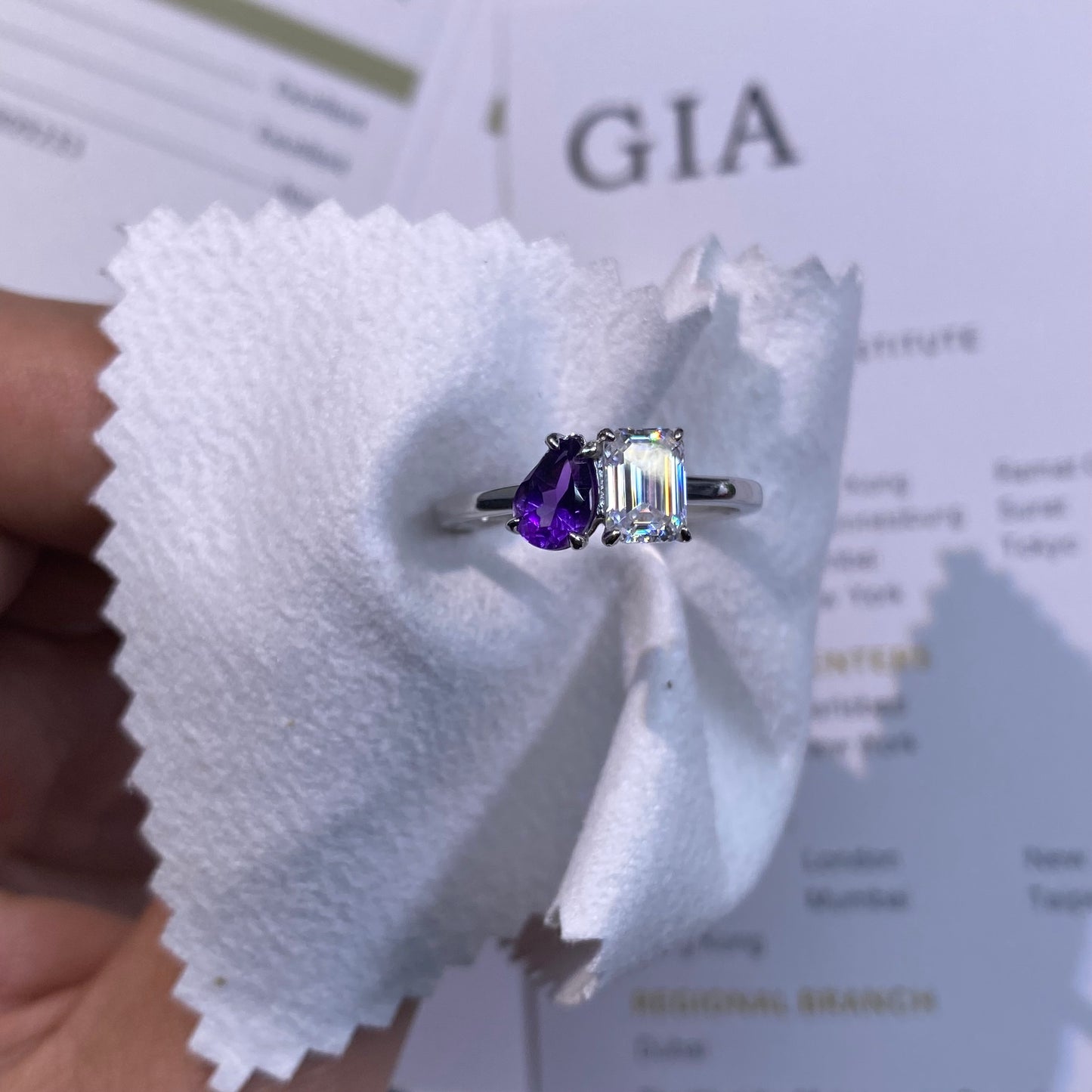 1ct D-color Emerald Cut Moissanite Diamond With 1ct Pear Cut Natural Amethyst S925 Sterling Silver Classic 18K White Gold Plated Ring