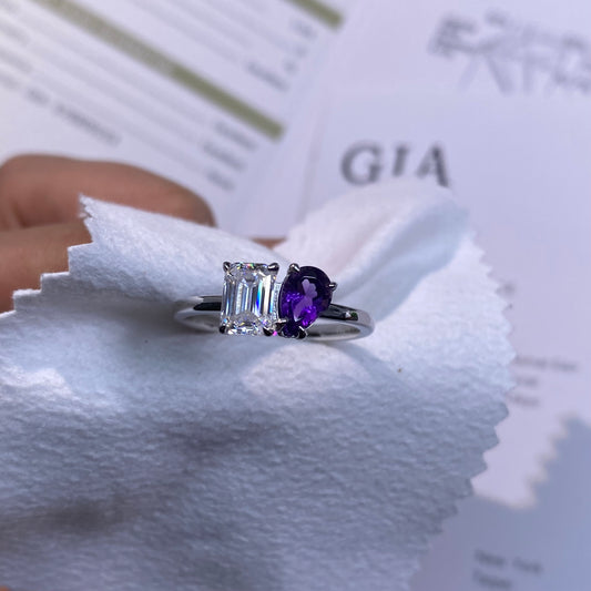 1ct D-color Emerald Cut Moissanite Diamond With 1ct Pear Cut Natural Amethyst S925 Sterling Silver Classic 18K White Gold Plated Ring