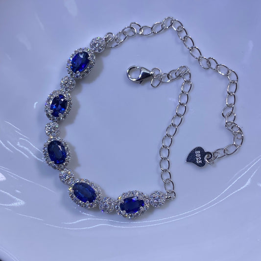 Natural Royal Blue Sapphire S925 Sterling Silver Classic 18K White Gold Plated Bracelet