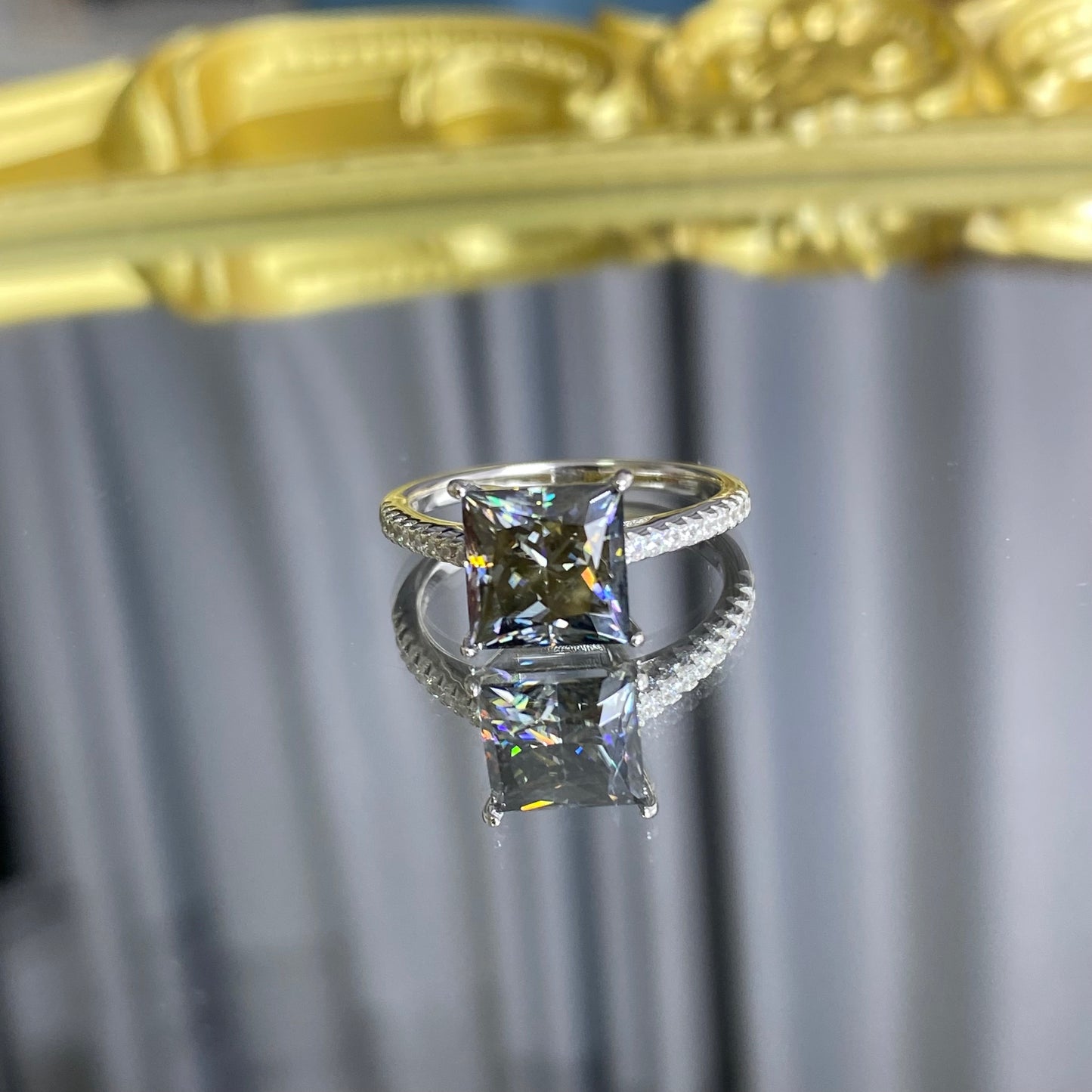 3ct Grey Princess Cut Moissanite Diamond S925 Sterling Silver Classic 18K White Gold Plated Ring