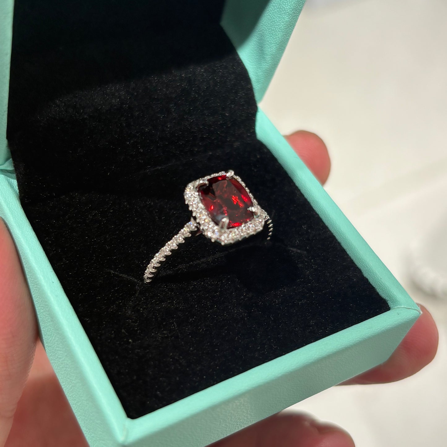 2Ct Princess Cut Pigeon Blood Garnet S925 Sterling Silver Classic 18K White Gold Plated Ring