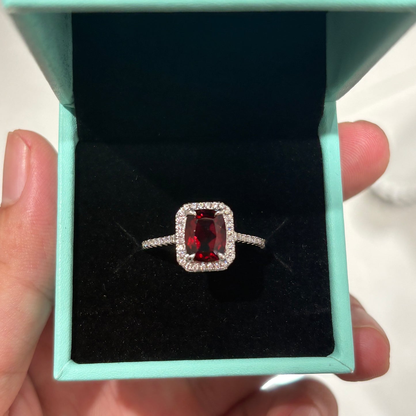 2Ct Princess Cut Pigeon Blood Garnet S925 Sterling Silver Classic 18K White Gold Plated Ring