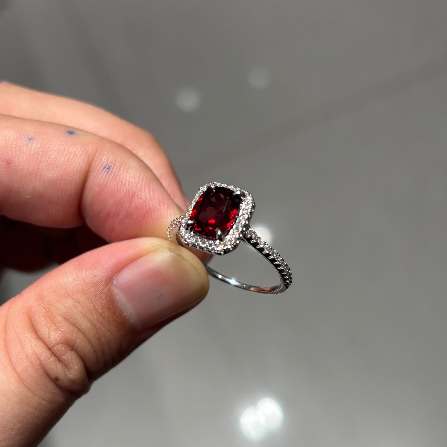 2Ct Princess Cut Pigeon Blood Garnet S925 Sterling Silver Classic 18K White Gold Plated Ring