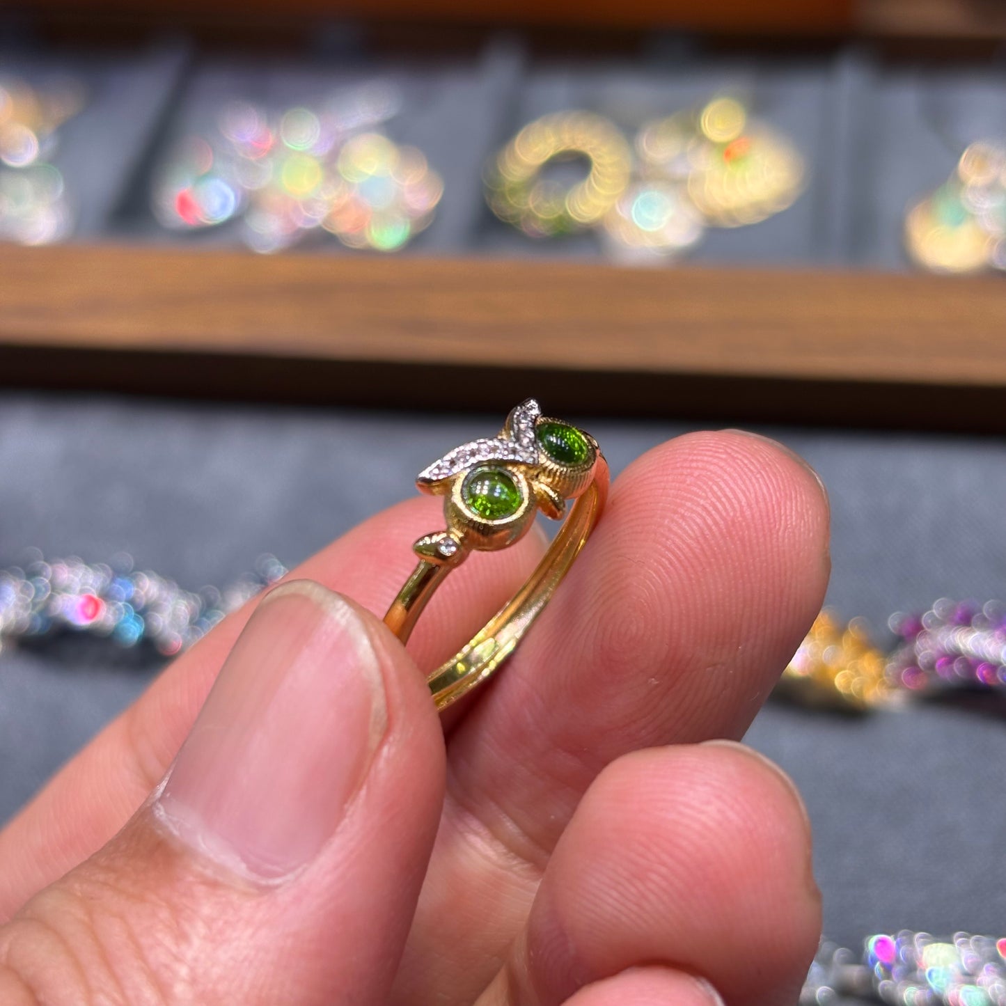 Custom-made Natural Diopside Sterling Silver Gold Plated Owl Ring