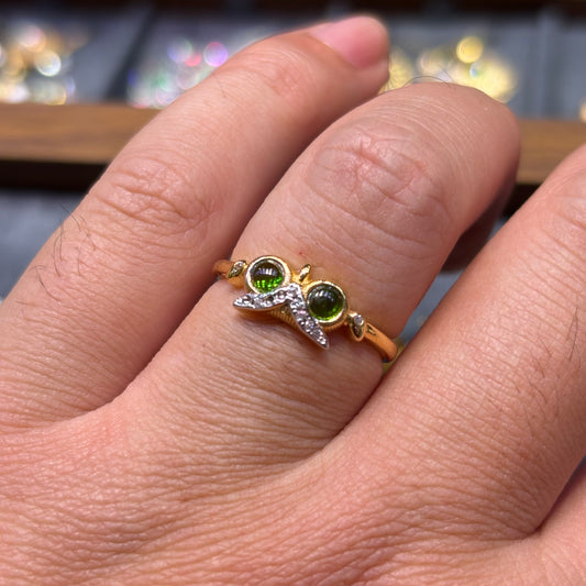 Custom-made Natural Diopside Sterling Silver Gold Plated Owl Ring