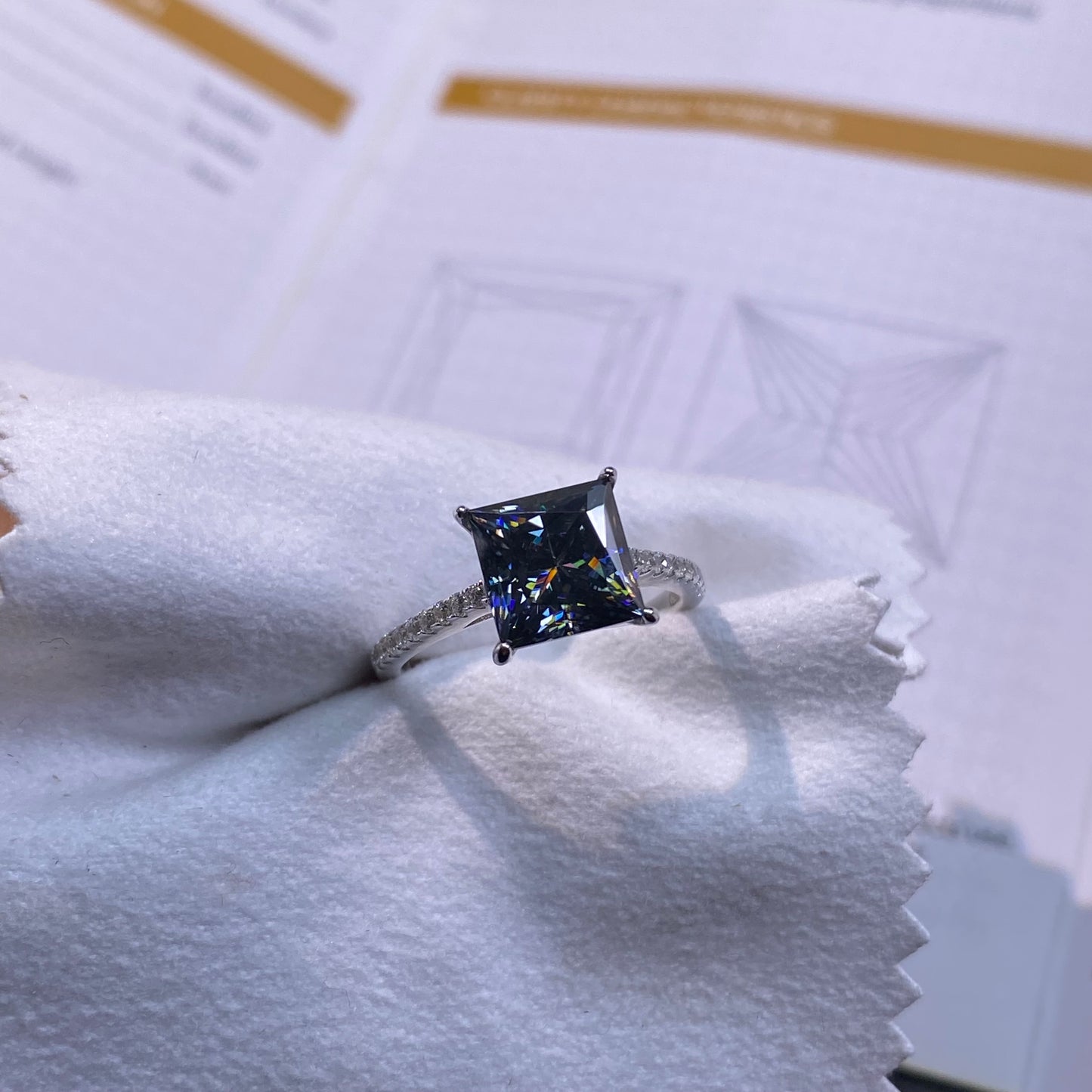 3ct Grey Princess Cut Moissanite Diamond S925 Sterling Silver Classic 18K White Gold Plated Ring