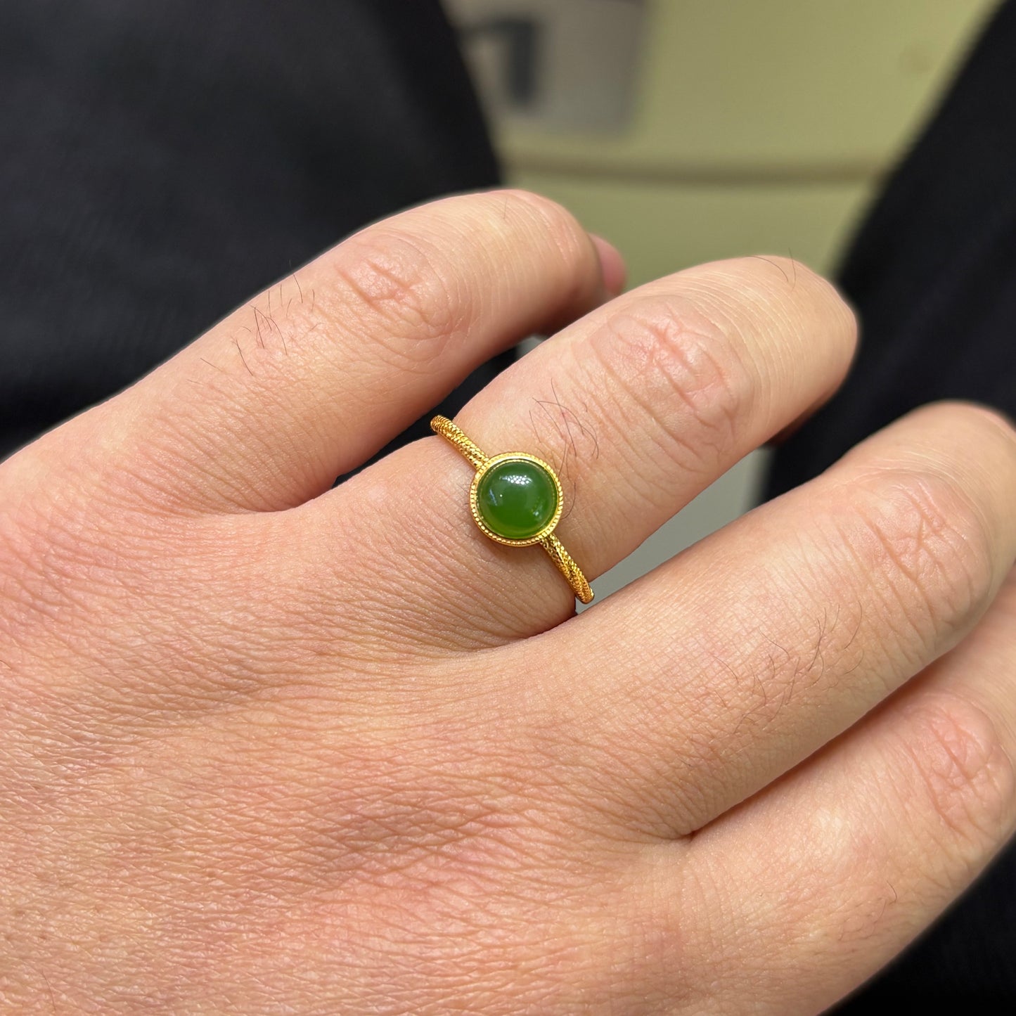 Custom-made Natural Hetian Jade Sterling Silver Gold Plated Adjustable Ring