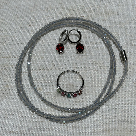 Custom-made S925 sterling silver natural rainbow tourmaline ring and garnet earrings