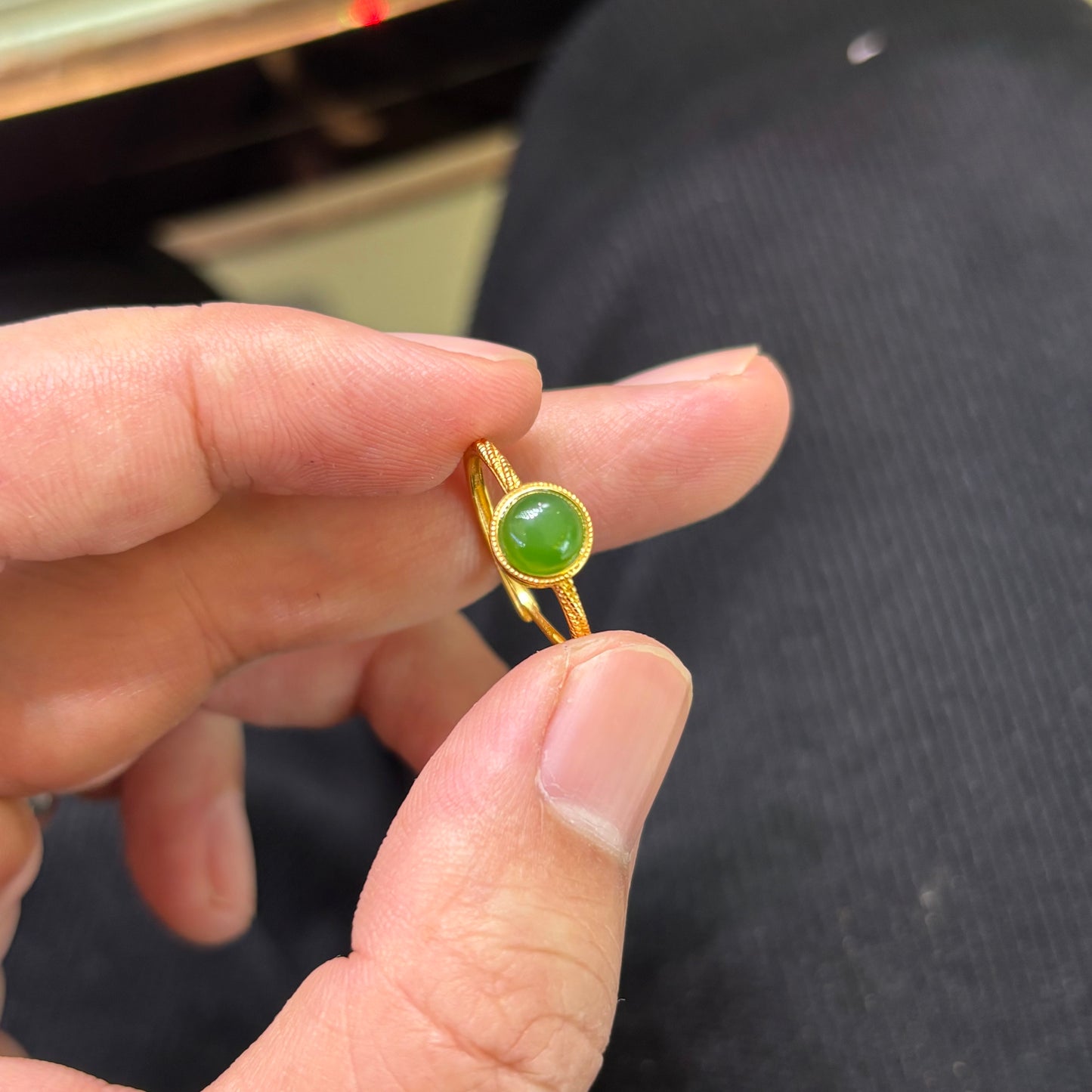 Custom-made Natural Hetian Jade Sterling Silver Gold Plated Adjustable Ring