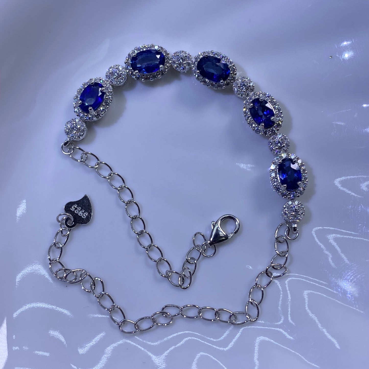 Natural Royal Blue Sapphire S925 Sterling Silver Classic 18K White Gold Plated Bracelet