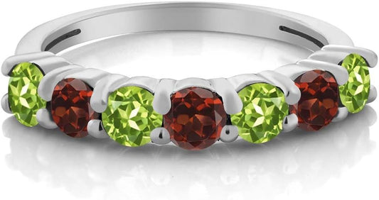 925 Sterling Silver Natural Green Peridot and Red Garnet Anniversary Ring For Women