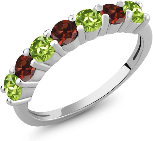 925 Sterling Silver Natural Green Peridot and Red Garnet Anniversary Ring For Women