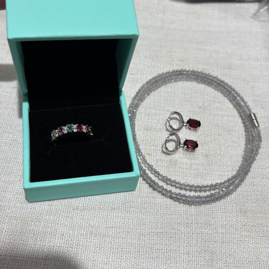Custom-made S925 sterling silver natural rainbow tourmaline ring and garnet earrings