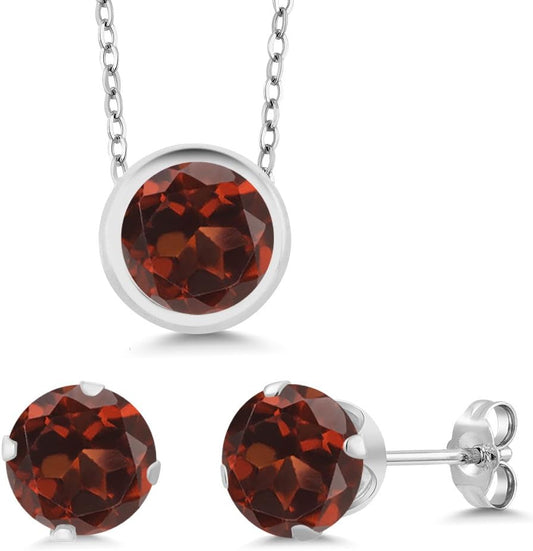 S925 Sterling Silver Round 6MM Gemstone Birthstone Pendant and Earrings Jewelry Set For Women with 18 Inch Silver Chain