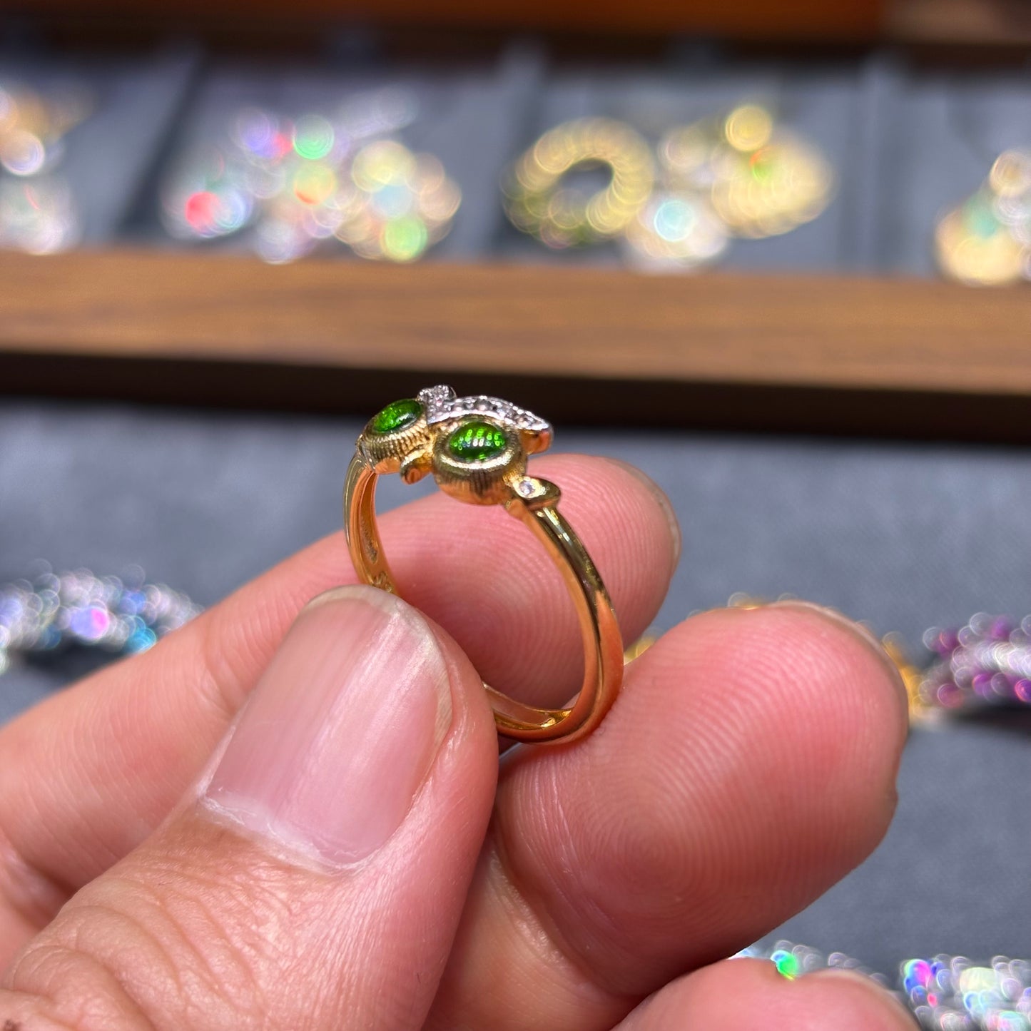 Custom-made Natural Diopside Sterling Silver Gold Plated Owl Ring