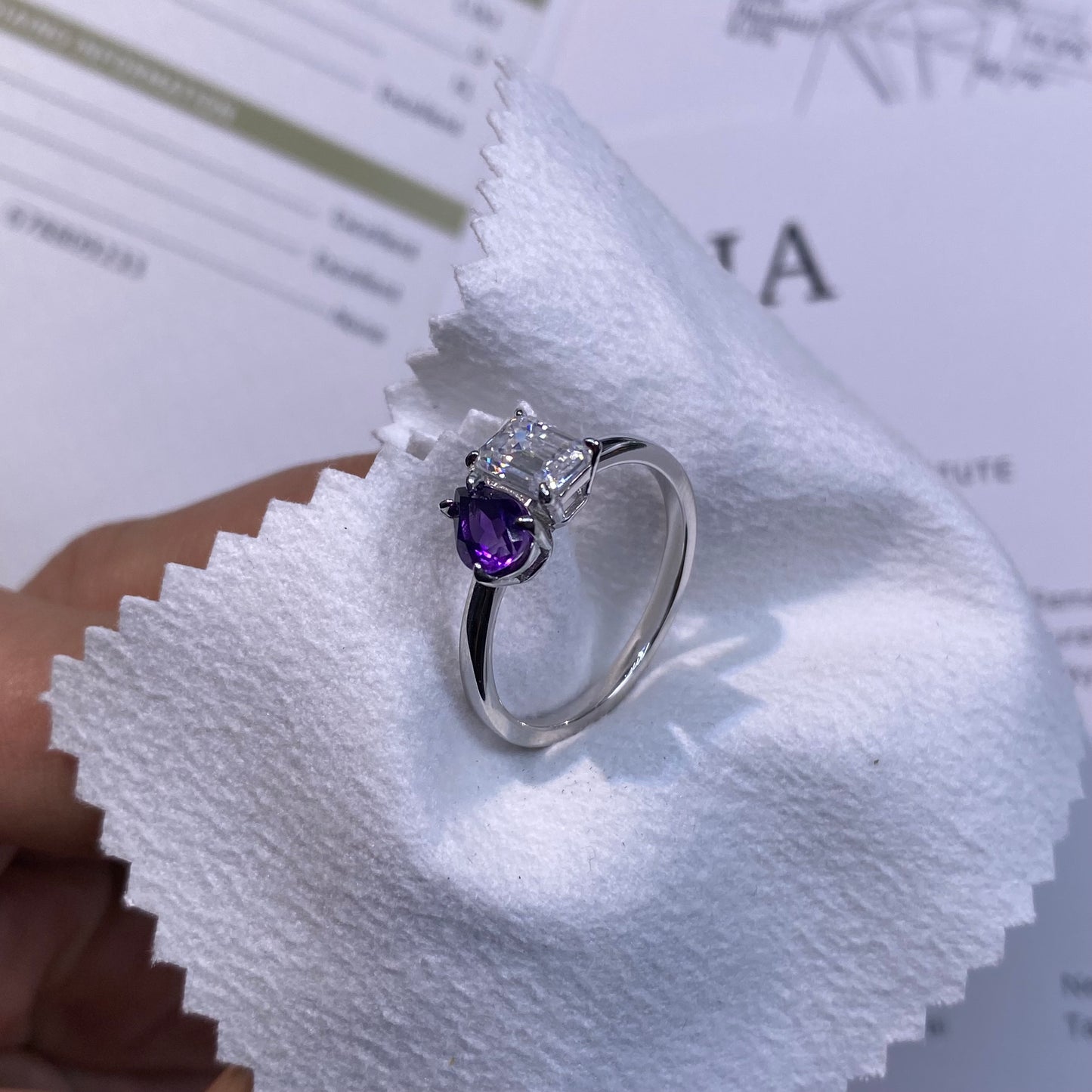 1ct D-color Emerald Cut Moissanite Diamond With 1ct Pear Cut Natural Amethyst S925 Sterling Silver Classic 18K White Gold Plated Ring