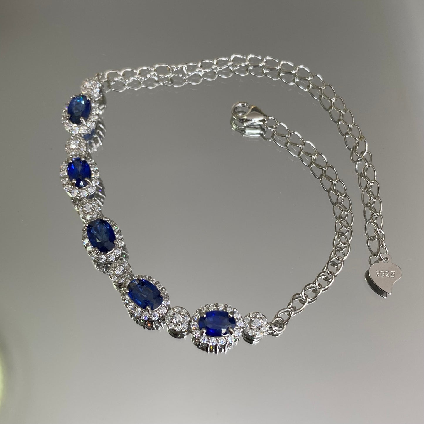 Natural Royal Blue Sapphire S925 Sterling Silver Classic 18K White Gold Plated Bracelet
