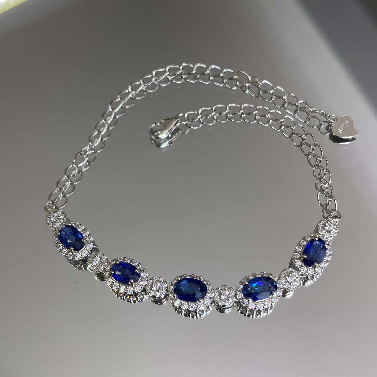 Natural Royal Blue Sapphire S925 Sterling Silver Classic 18K White Gold Plated Bracelet