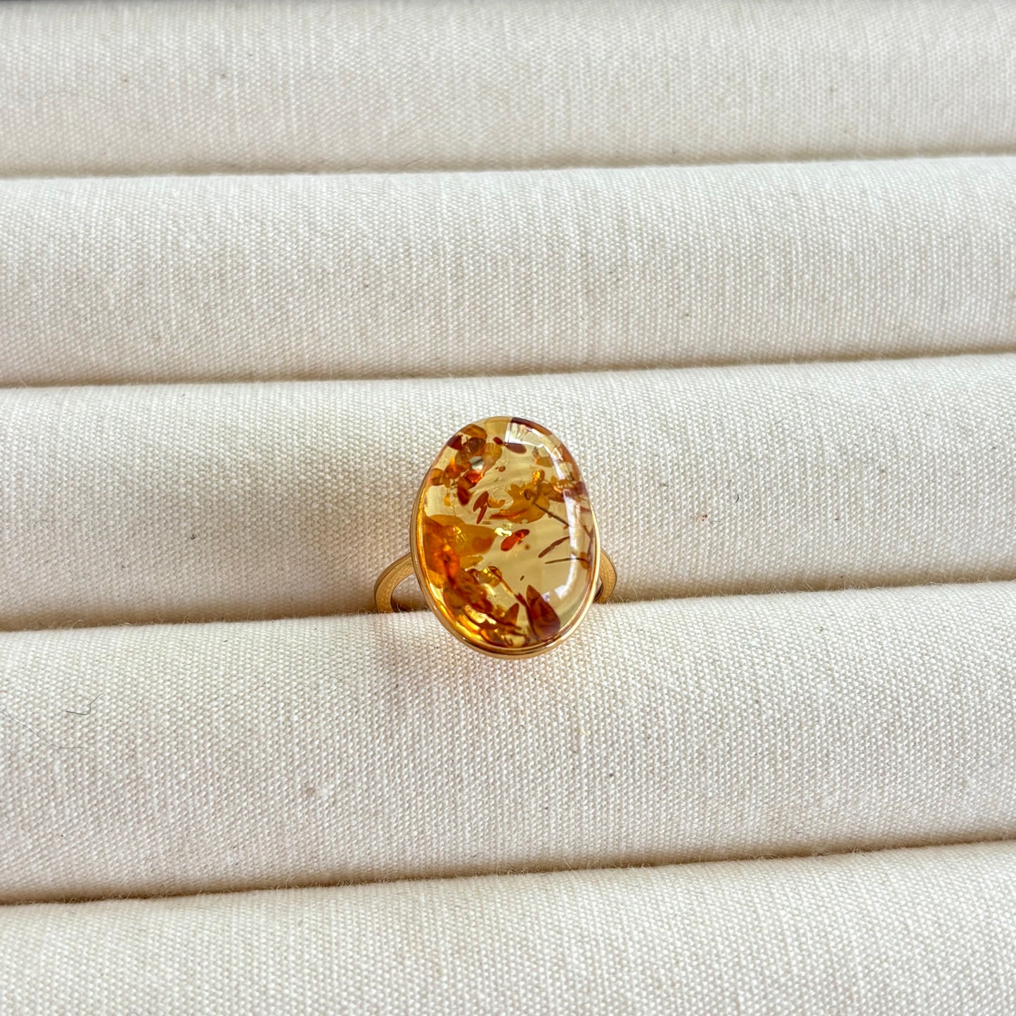 Custom-made Natural Flower Amber Sterling Silver Gold Plated Ring