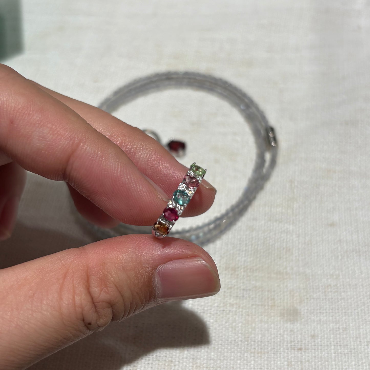 Custom-made S925 sterling silver natural rainbow tourmaline ring and garnet earrings