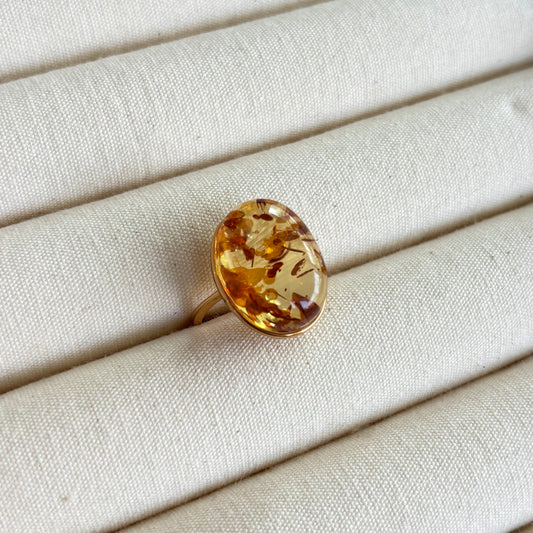 Custom-made Natural Flower Amber Sterling Silver Gold Plated Ring