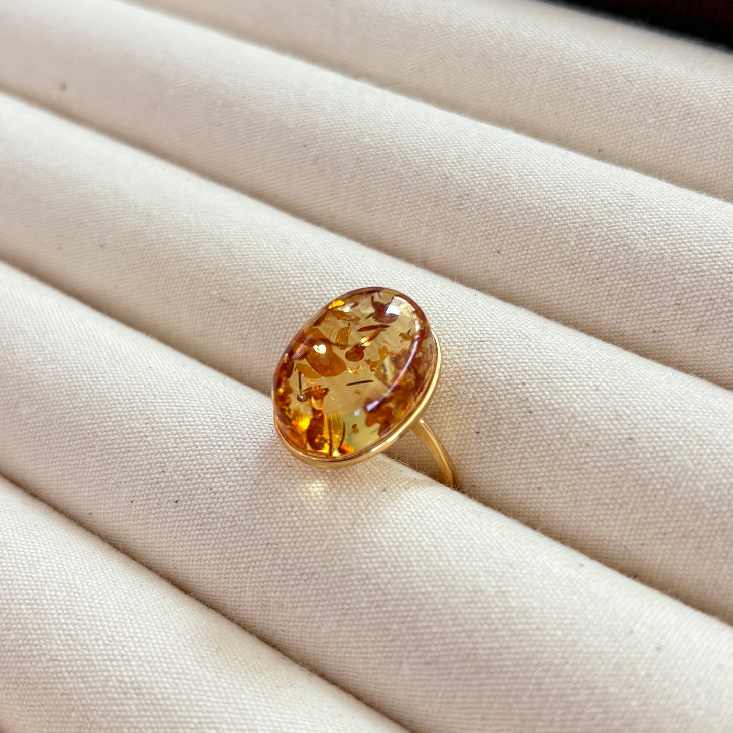 Custom-made Natural Flower Amber Sterling Silver Gold Plated Ring