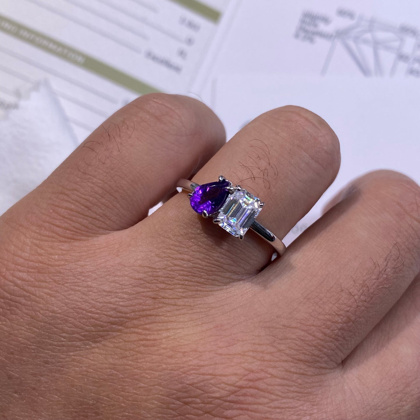 1ct D-color Emerald Cut Moissanite Diamond With 1ct Pear Cut Natural Amethyst S925 Sterling Silver Classic 18K White Gold Plated Ring