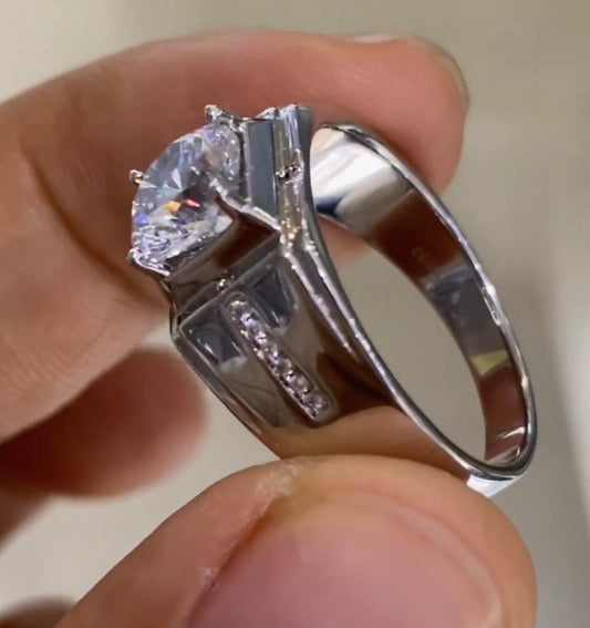 2Ct D-color Round Cut Moissanite Diamond S925 Sterling Silver Classic 18K White Gold Plated Man Ring