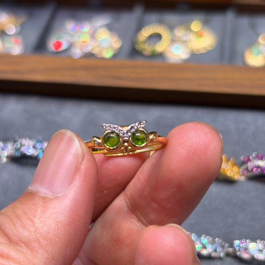 Custom-made Natural Diopside Sterling Silver Gold Plated Owl Ring