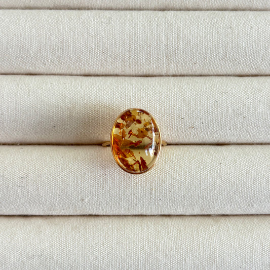 Custom-made Natural Flower Amber Sterling Silver Gold Plated Ring