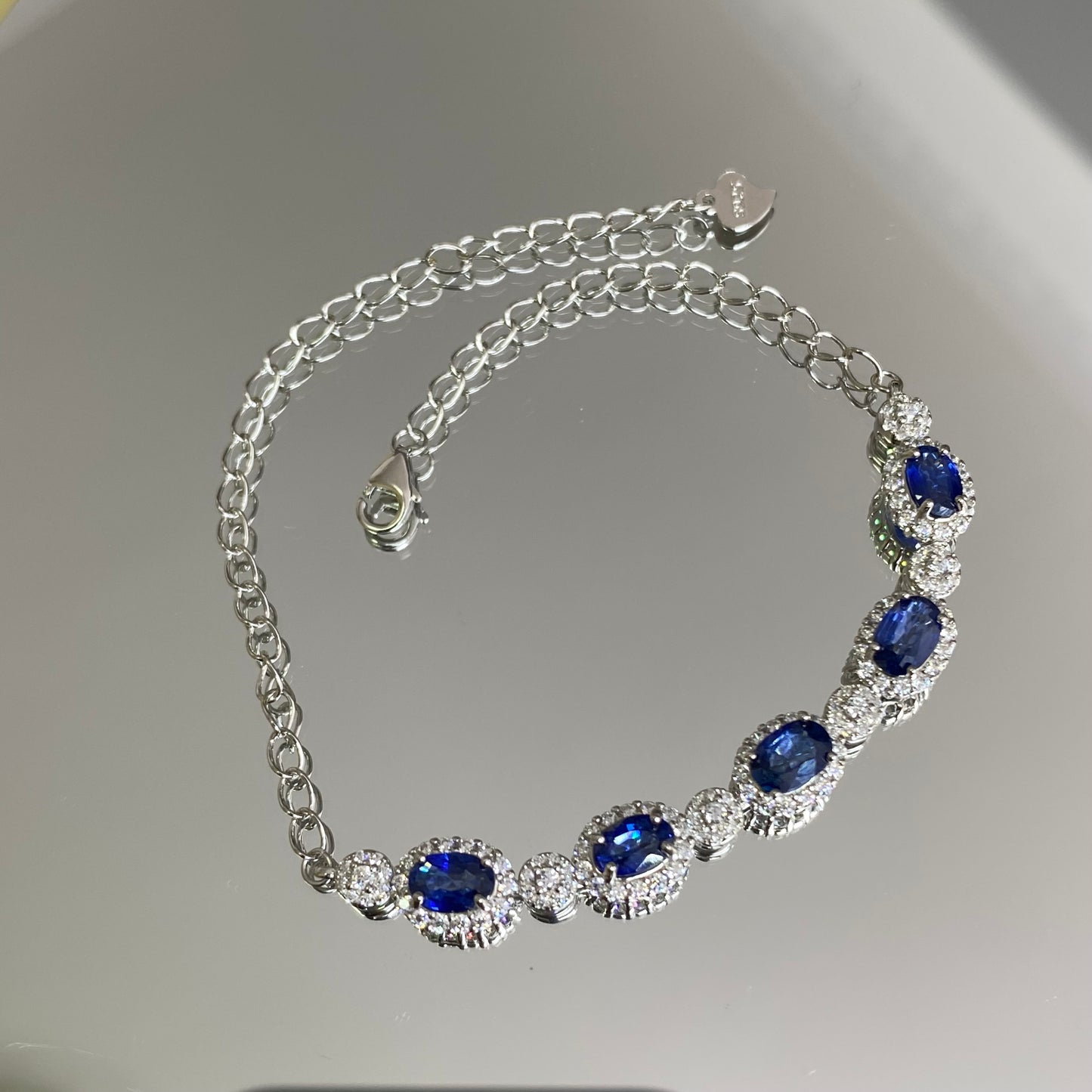 Natural Royal Blue Sapphire S925 Sterling Silver Classic 18K White Gold Plated Bracelet