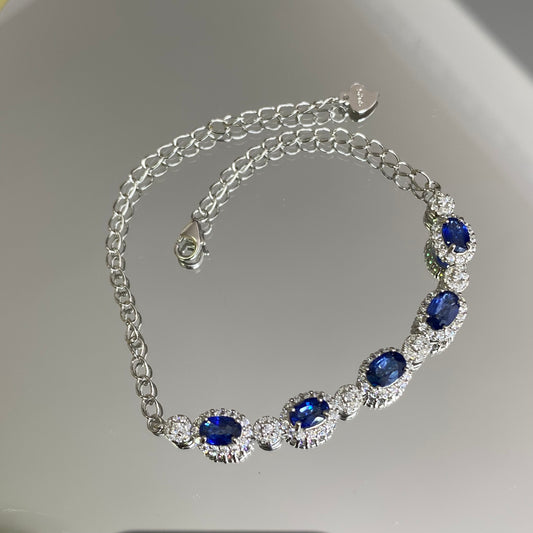 Natural Royal Blue Sapphire S925 Sterling Silver Classic 18K White Gold Plated Bracelet