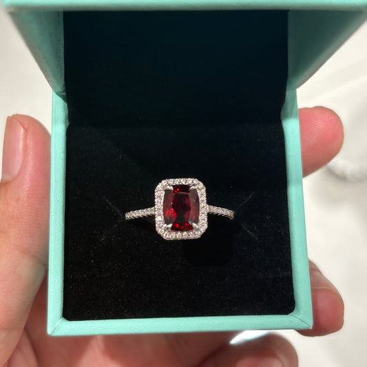 2Ct Princess Cut Pigeon Blood Garnet S925 Sterling Silver Classic 18K White Gold Plated Ring
